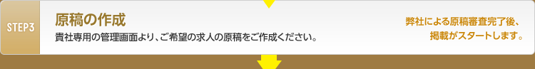 STEP3 原稿の作成　貴社専用の管理画面より、ご希望の求人の原稿をご作成ください。　弊社による原稿審査完了後、掲載がスタートします。